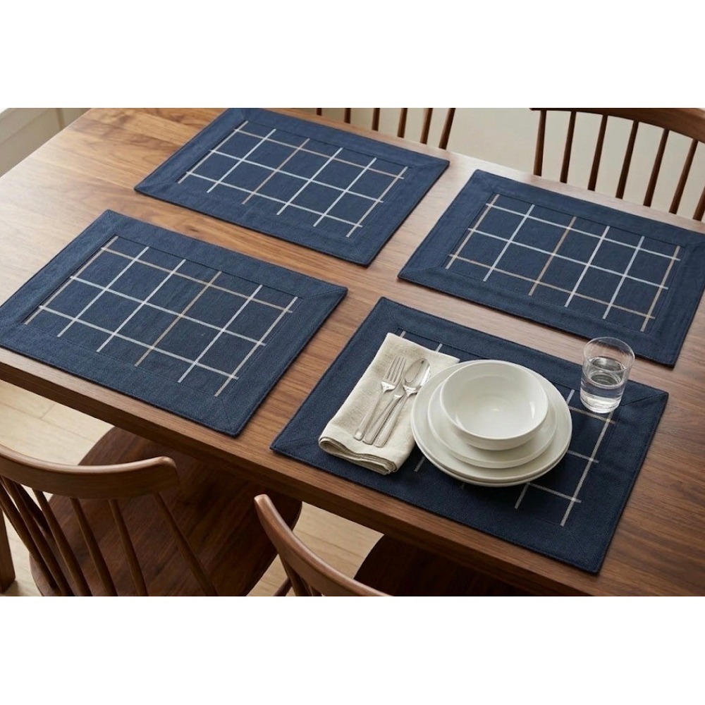 Nautica Navy Blue‎ Windowpane Cotton Placemats Set of 4 Herringbone Compound